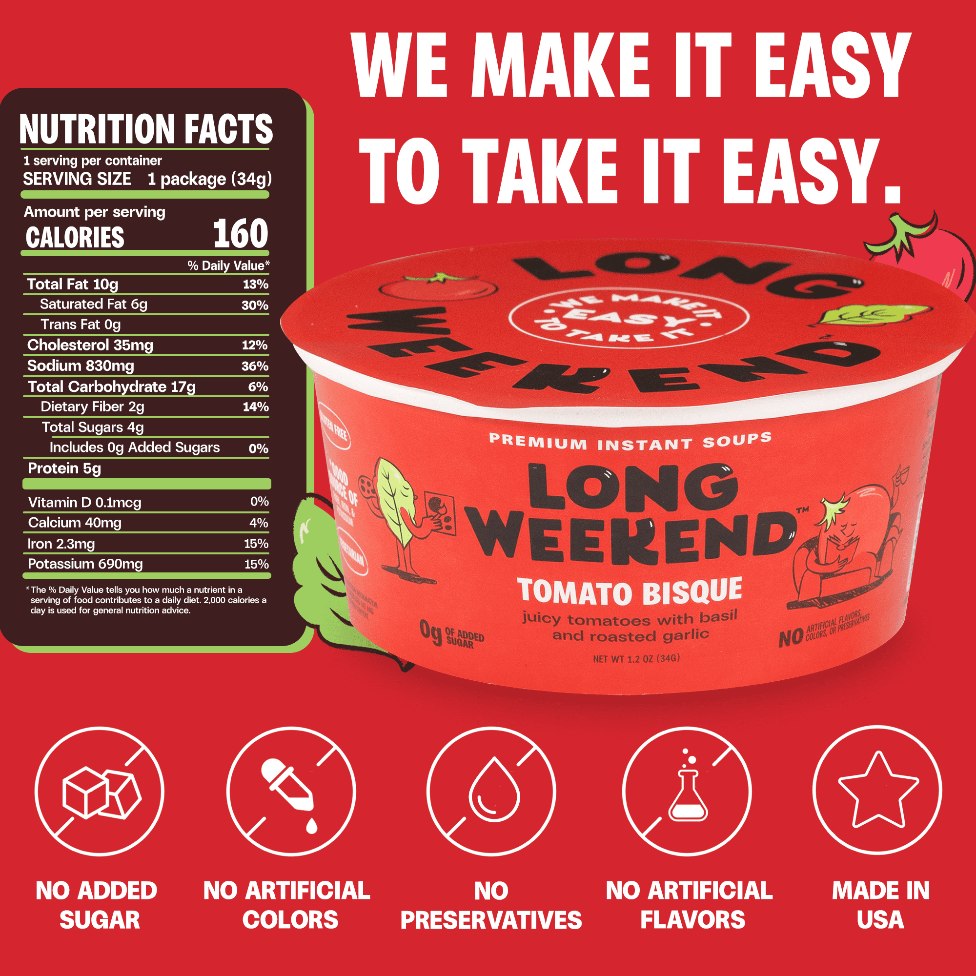 Long Weekend Premium Instant Freeze Dried Tomato Bisque Soup, 6 Pack