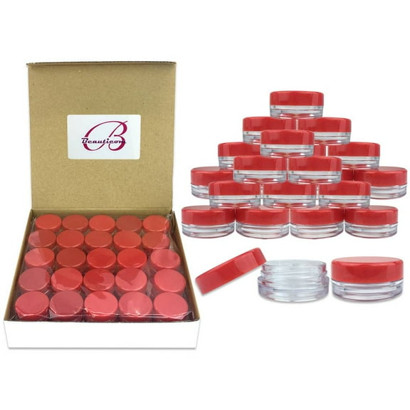 Beauticom 1000 Pieces High Quality 3 Gram 3 ml (0.1 oz) Plastic Round Cosmetic Beauty Makeup Sample Jars (Red Lid)