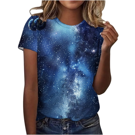 T Shirts for Women Women's Casual Round Neck Sky Printed Short Sleeved Top