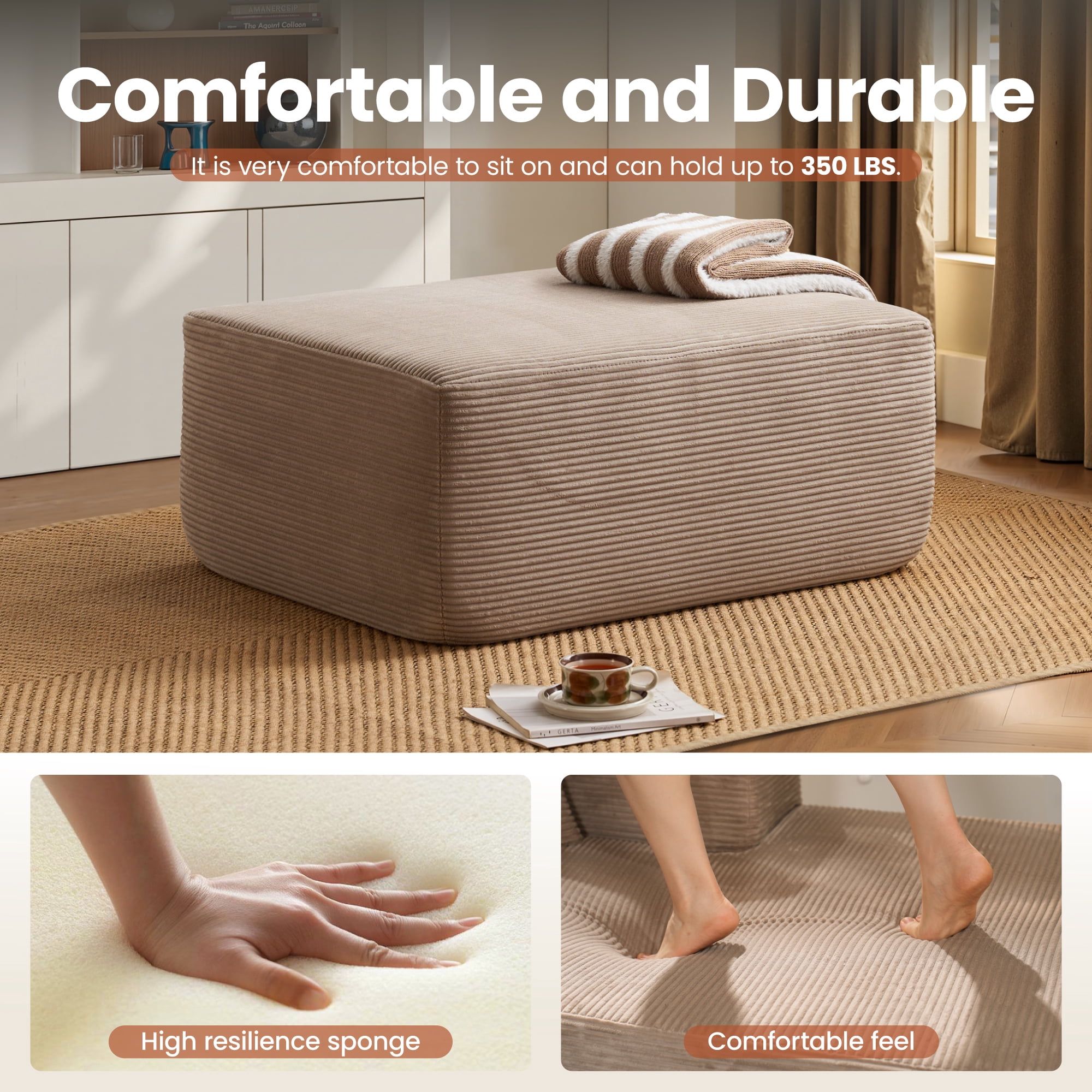 Ovios Oversized Ottoman Footrest for Sofa Large Corduroy Pouf Ottoman Coffee Table Rectangle Floor Bench Extra Seating for Living Room, No Assembly, Camel