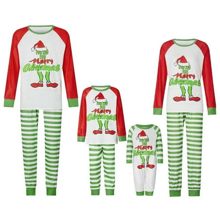 

Karuedoo Merry Christmas Family Pajamas Matching Set Cartoon Print Long Sleeve Tops Striped Pants Sleepwear