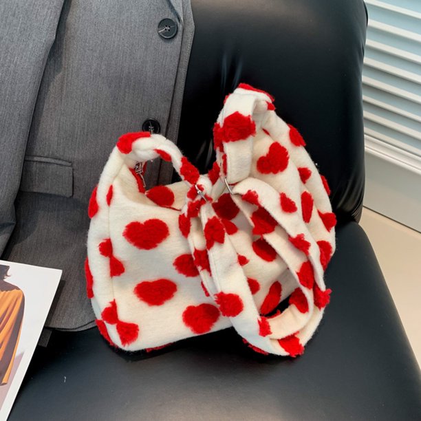 Bolso de mano de piel sintética para mujer, bolso de mano peludo informal, bolso de compras de invierno (rojo)