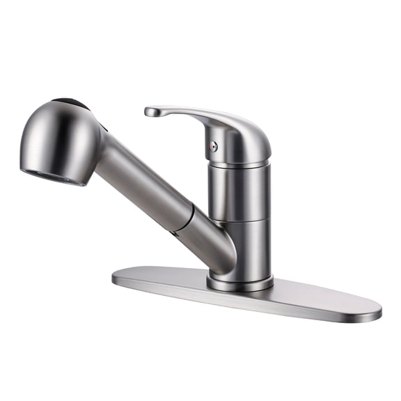 Wowow 6.8 in. H Single Handle 90 Degree Spout Swivel Pull Out Sprayer Kitchen Faucet with Deckplate in Brushed Nickel