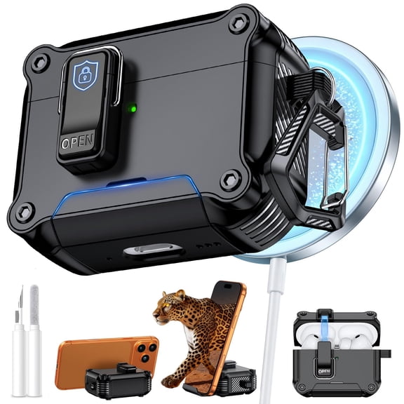 Rugged Case for AirPods Pro 3rd Generation, Secure Lock with Phone Stand Automatic Snap Switch Secure Cover with Cleaning Kit,Black
