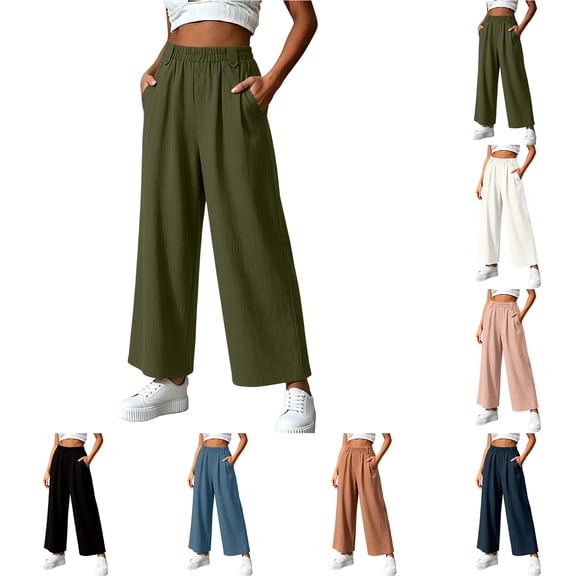 Zpzdpjkx Women's Elastic High Waist Wide Leg Casual Pants Solid Loose Flowy Palazzo Trousers with Side Pockets Lightweight Straight Long Lounge Pants