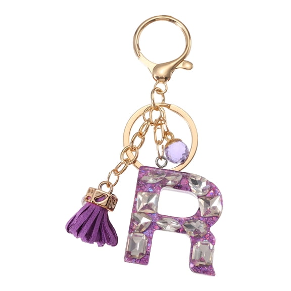 Initial Letter Keychain, Cute Alphabet Letter-R Charm with Tassel Ball, Purple