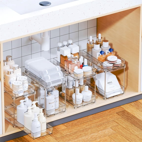 4 Set Clear Pull Out Bathroom Organizers and Storage,2 Tier Under Sink Organizer and Medicine Cabinet Organizer,Small Slide Out Drawers for Pantry,Under Cabinet,Kitchen Storage and Organization