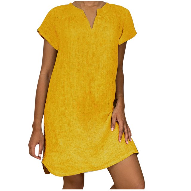 AherBiu Robe Grande Taille pour Femmes en Coton et Lin d'Été Légère à Encolure en V Fendue à Manches Courtes Tunique Mi-Longue