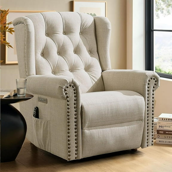 Power Swivel Rocking Glider Recliner Chair, Electric Nursery Reclining Sofa Chair with Heat and Massage, Wingback Tufted Upholstered Recliner for Living Room, USB and Type-C Ports, Beige