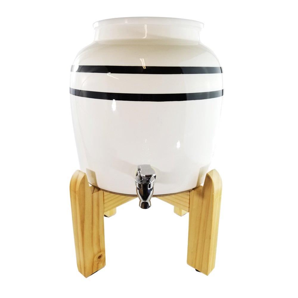 Premium Black Stripe Porcelain Water Crock Dispenser & Wood Counter