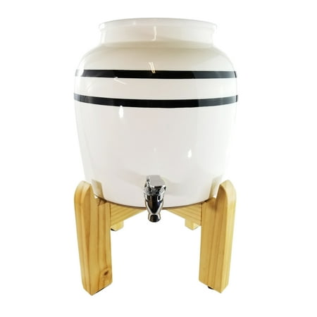 Premium Black Stripe Porcelain Water Crock Dispenser & Wood Counter Stand Set – Elegant Countertop Dispenser With 2.5 Gallon Capacity & No Drip Faucet, Includes Levelers – Easy