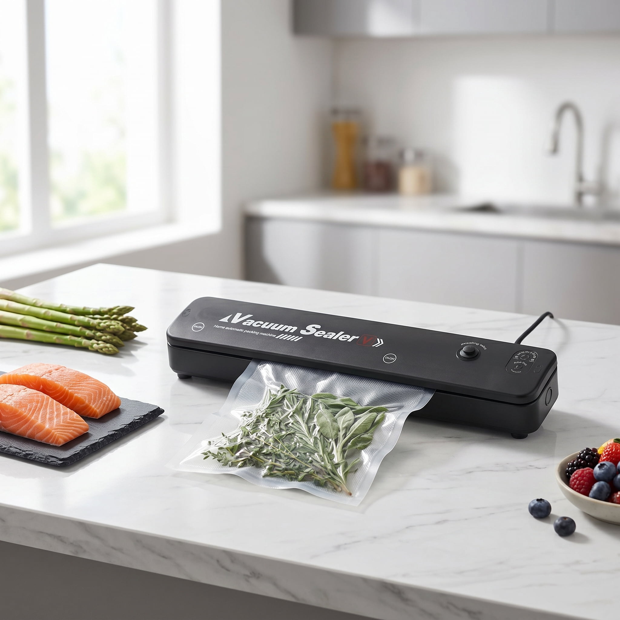 Automatic Vacuum Sealer Machine for Food Preservation, Professional Household Food Saver for Dry & Moist Modes,Compact 110V Electric Air Sealing System for Meal Prep and Storage,Includes Starter Bags