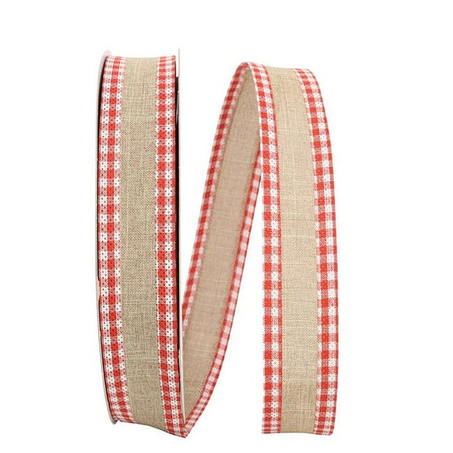 Reliant Ribbon 92970W-756-09K Linen Gingham Check Value Wired Edge Ribbon - Natural & Red - 1.5 in. x 50 yards