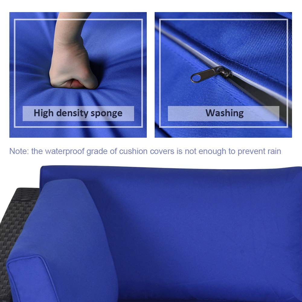 Royalcraft Rattan Patio Sofa Set, 5 Pieces Outdoor Sectional Furniture Set, All-Weather PE Wicker Patio Conversation Set, Outdoor Couch Sofa Set with Glass Table & Dark Blue Cushions