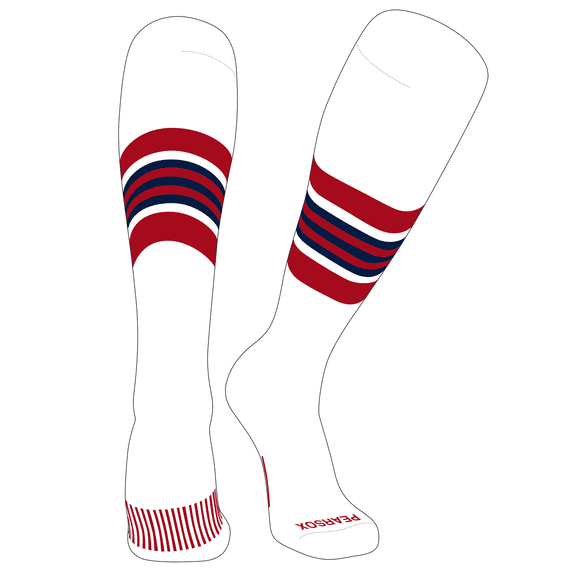 PEAR SOX Striped OTC Baseball, Softball, Football Socks (G) White, Red, Navy (XS)