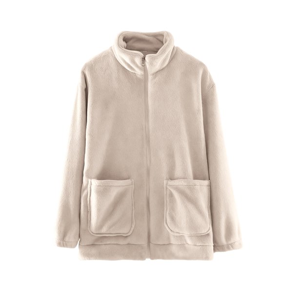 Women's Zipper Front Loungewear Top, Single Piece Plush Fleece Pullover, Thickened Winter Sleepshirt, Soft Coral Fleece Blouse, Cozy Home Wear Outerwear Style Pajama Beige L