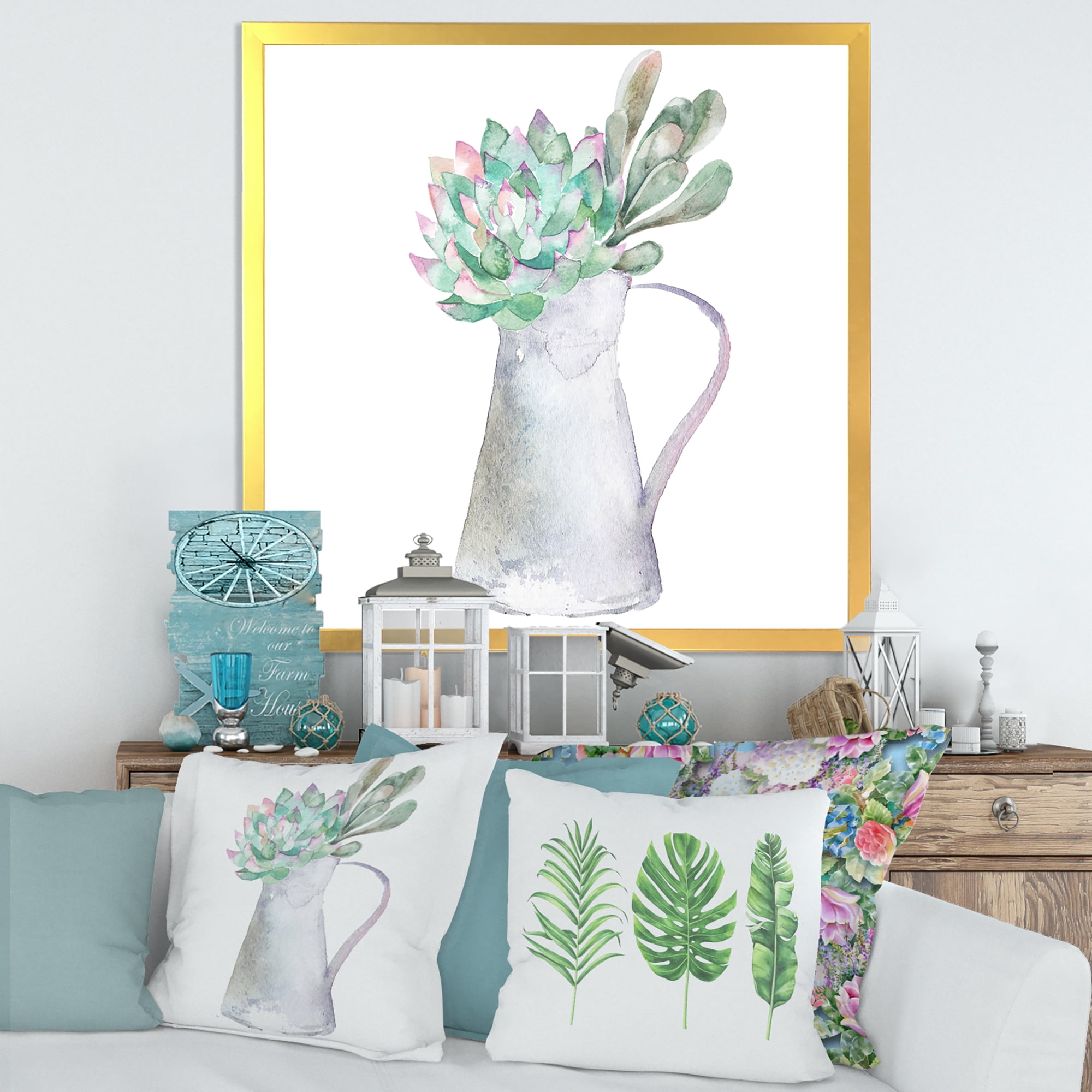 Designart 'Succulent Home Plant In Jug' Traditional Framed Art Print