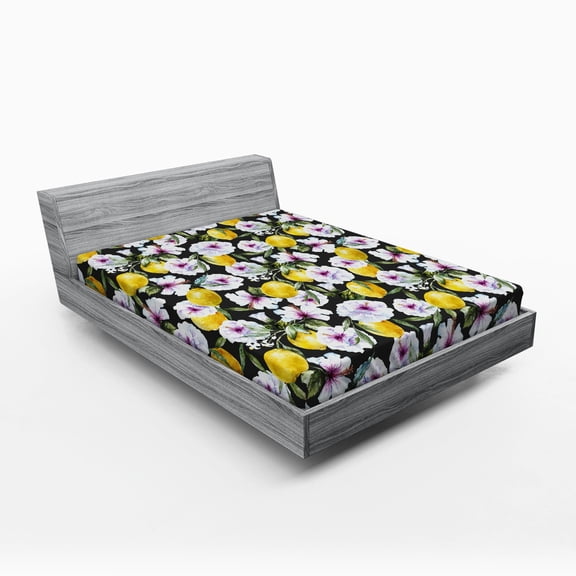 Ambesonne Tropical Fitted Sheet, Hibiscus Petals Lemons, Full Size, Multicolor