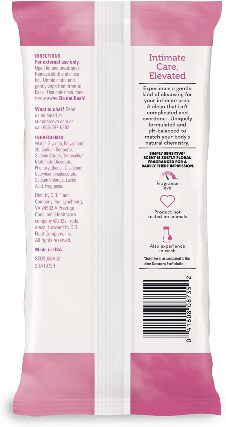 Summer’s Eve Simply Sensitive Daily Gentle Feminine Wipes, pH Balanced, 32 count, 4 Pack