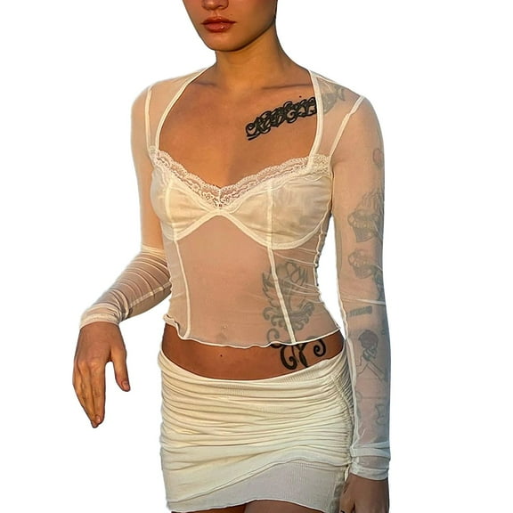 Summer Lace Transparent Long Sleeve Casual Shirt Women Sexy Crop Top Breathable Comfortable Fashion Blouse