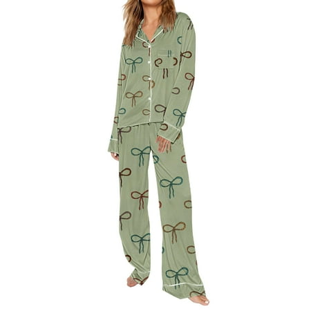 VISALY Valentines Day Pajama Set Bow Button Down Sleepwear Lounge Set Nightwear Loungewear Sets Fall Pajamas Night Pajamas Button Down Pajamas Sleepwear Sets 2 Piece Pajama Set Pajama Sets Green S