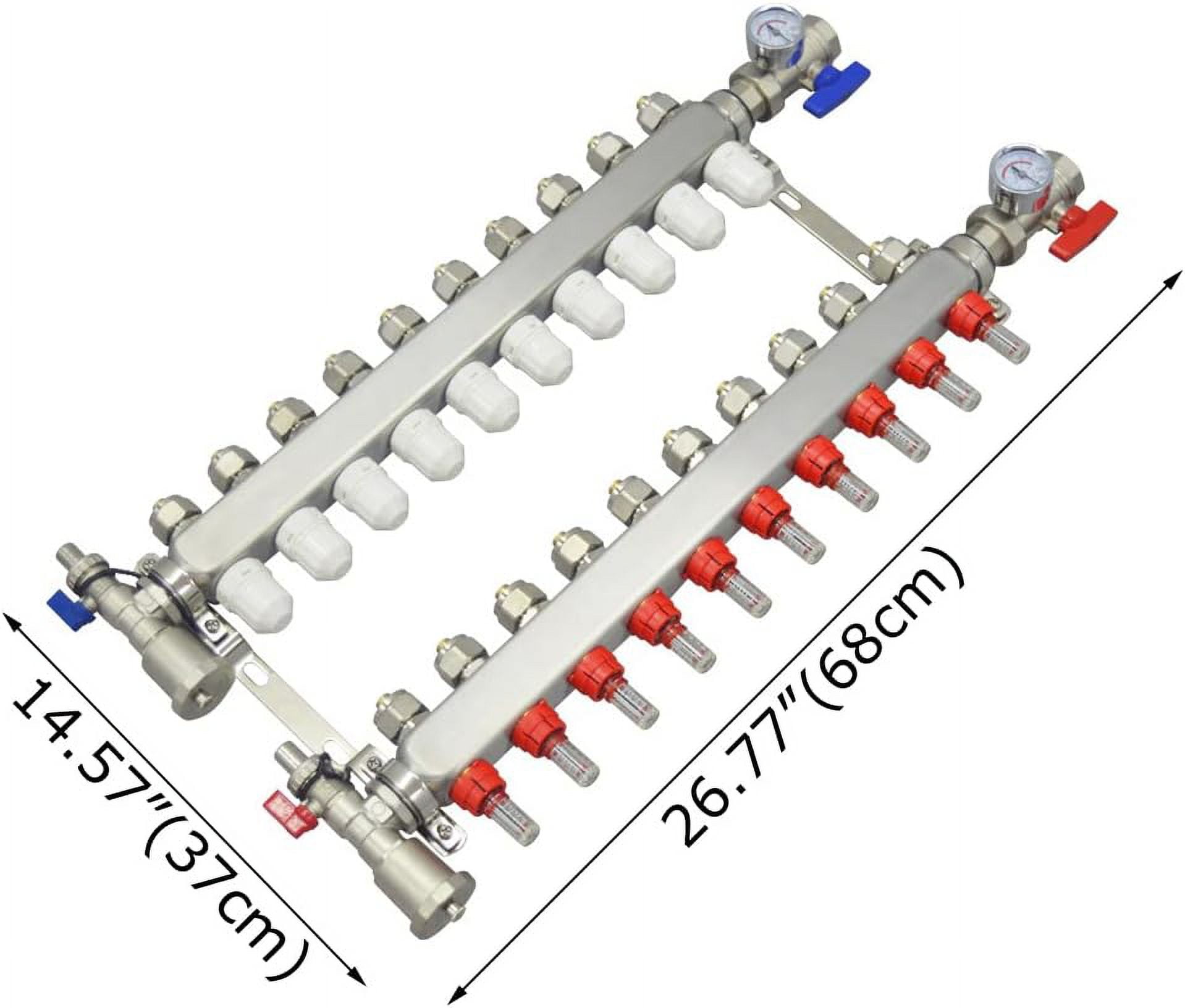 PreAsion Stainless Steel 10-Branch PEX Radiant Floor Heating Manifold Set with Flow Meters 2-12 Loop