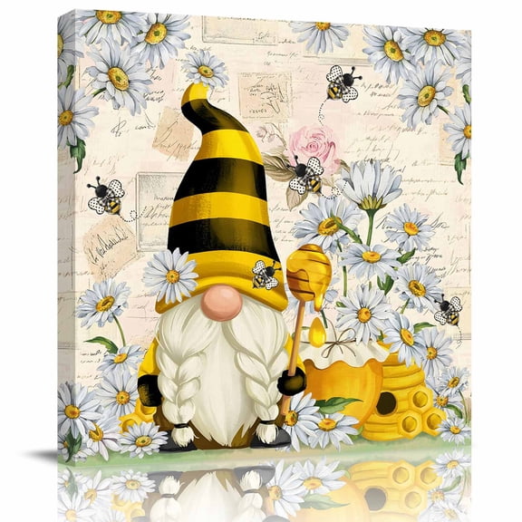 Framed Canvas Wall Art for Living Room Gnome Honey Bee Wall Decor, Daisy Flower Vintage Aesthetic Paintings for Bedroom Office Kitchen Bathroom, Ready to Hang Artwork Wall Pictures 8x8 Inch