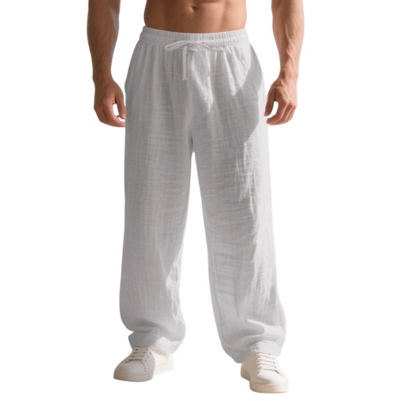 JIAYUE Men's Casual Pants Loose Fit Solid Color Summer Breathable Lightweight Blend Elastic Waist Drawstring Full Length Trousers For Comfortable Daily Workout Versatile Wear