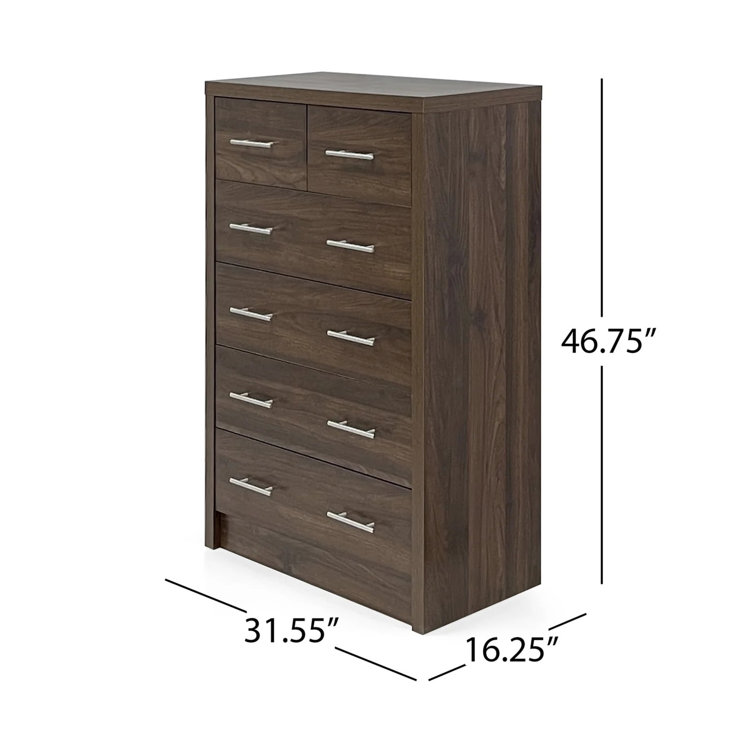 Kadyn 6 Drawer Dresse, Modern MDF Drawer Chest for Living Room, Walnut Drawer Dresser with 6 Drawers
