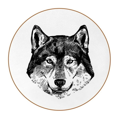 

OWNTA Wolf Sketch Portrait-01-01 Pattern Premium Microfiber Leather Round Coasters (6PCS) - 11x11 cm/4.3x4.3 in - Durable & Stylish Cup Mat Set