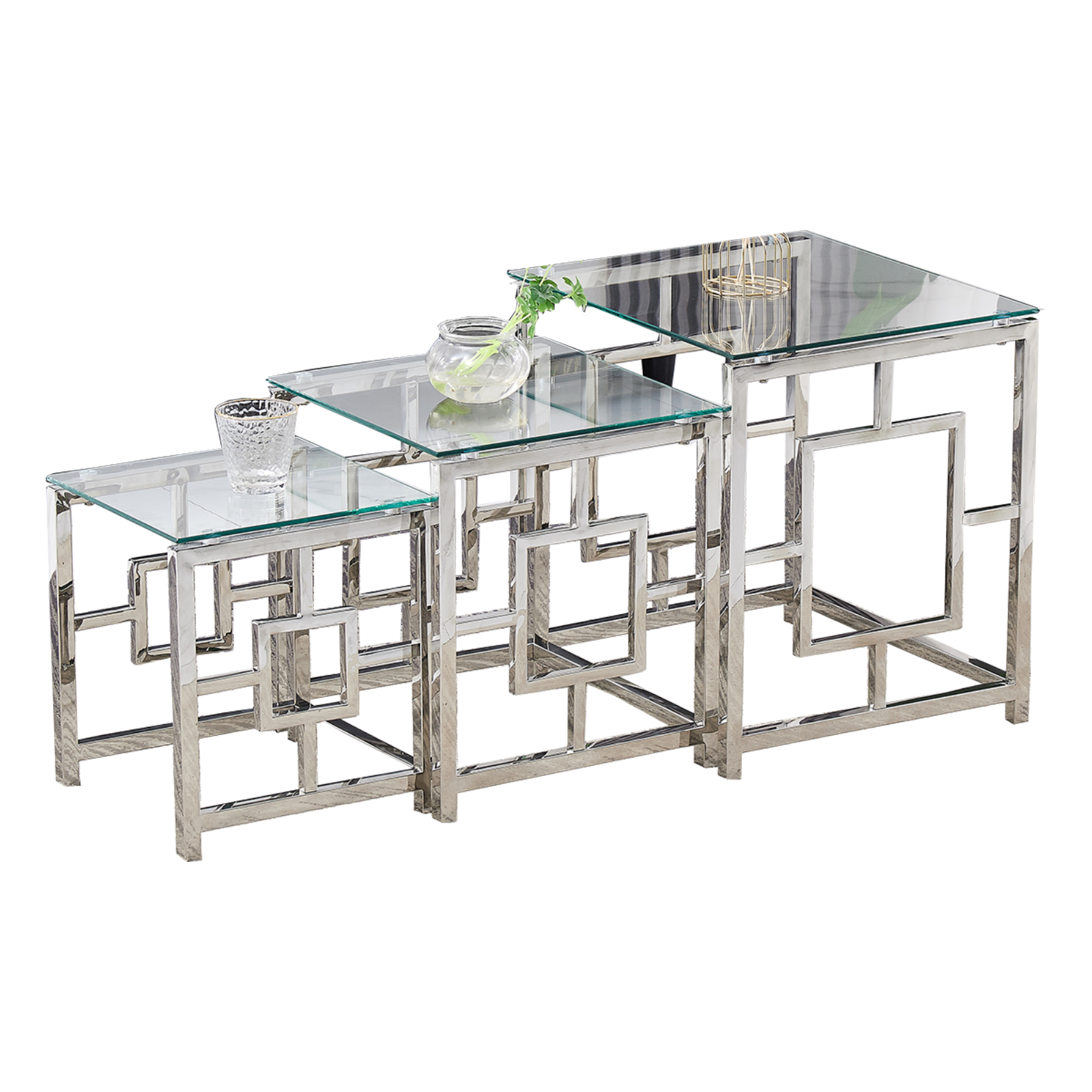 Mydepot 3Piece Silver Square Nesting Glass End Tables, Stylish Accent