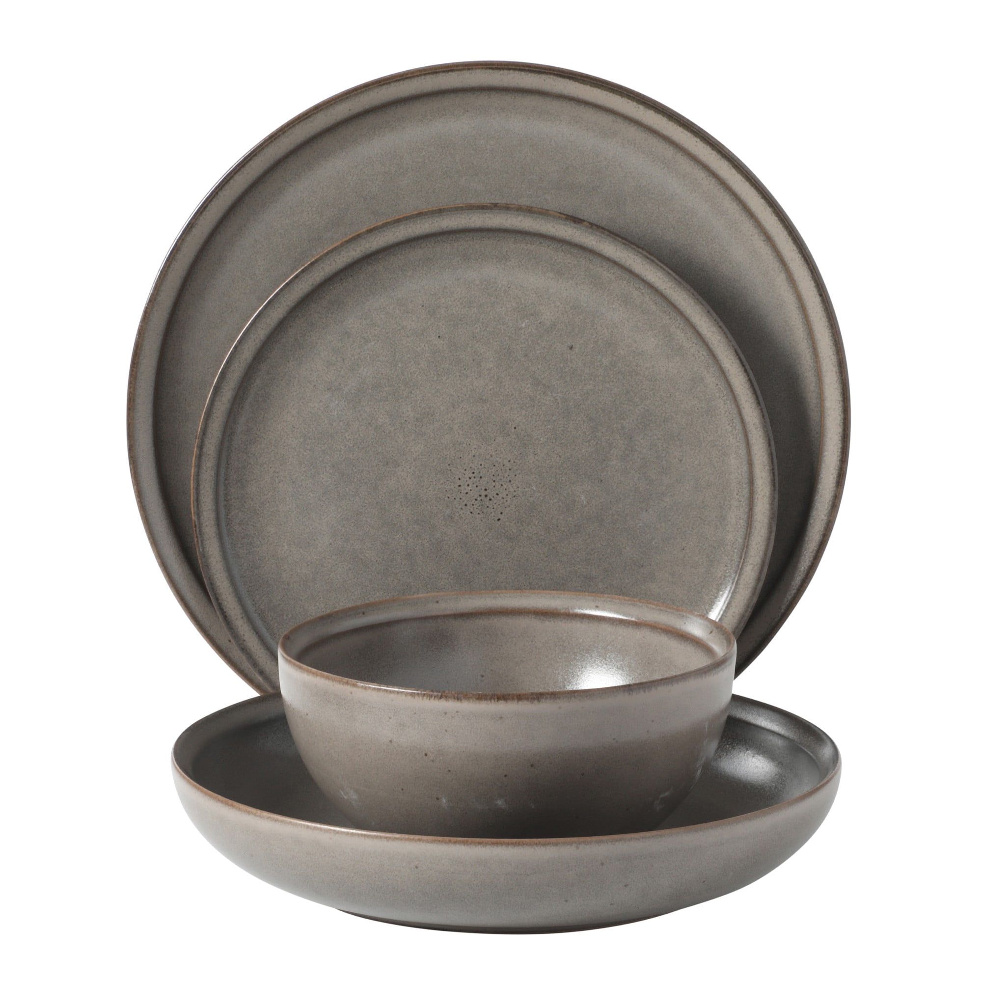 Gibson Elite Beckett Stoneware Reactive Glaze 16 Piece (Service for 4) Plates and Bowls Dinnerware Set - Grey