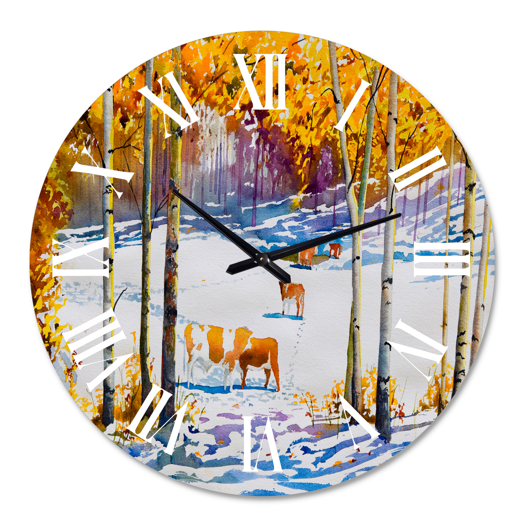 Designart 'Cattle In The Early Snow In The Forest' Farmhouse Wall Clock