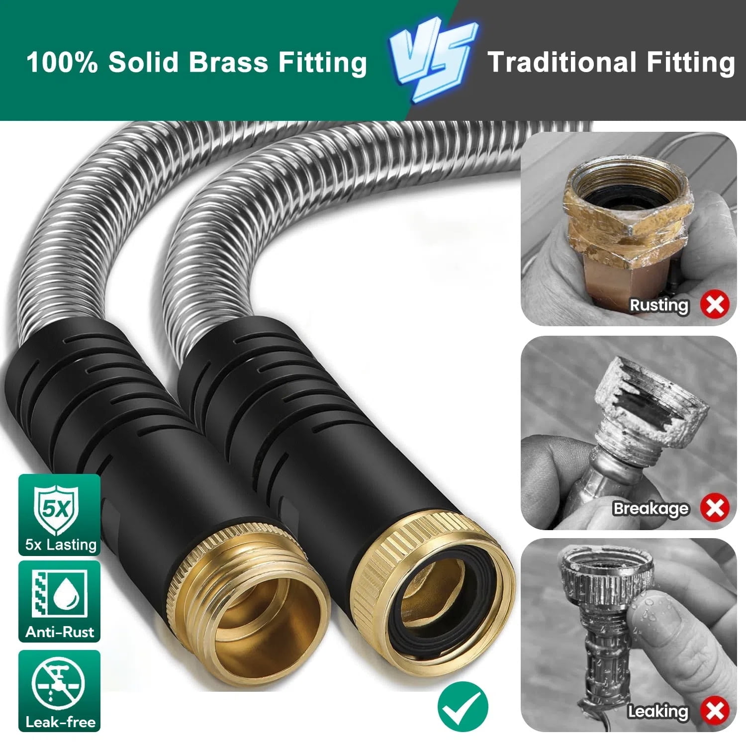 Teblint Metal Garden Hose 50ft, 304 Stainless Steel Garden Hose, Heavy Duty Water Hoses with 10 Function Hose Nozzle, Flexible, No Kink & Tangle, Leak & Puncture Proof, 150psi