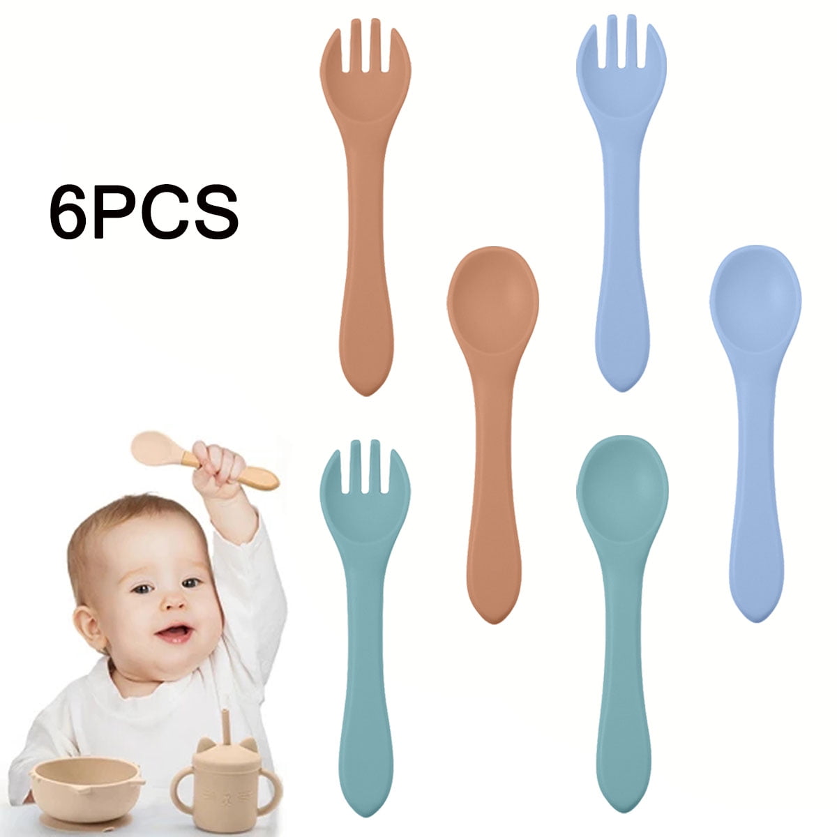 6pcs Of Silicone Baby Spoons And Forks Over 6 Months Old And Up