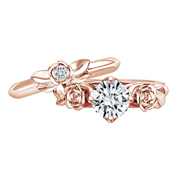 AFFY 1.04 Carat Round Shape Moissanite & Natural Diamond Rose Flower Engagement Ring 14K Solid Rose Gold Ring Size-5