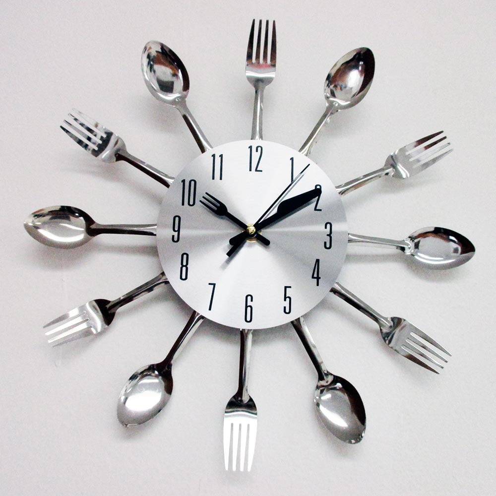 Metal Sliver Home Decoration Cutlery Kitchen Utensil Spoon Fork Clock Wall Clock 