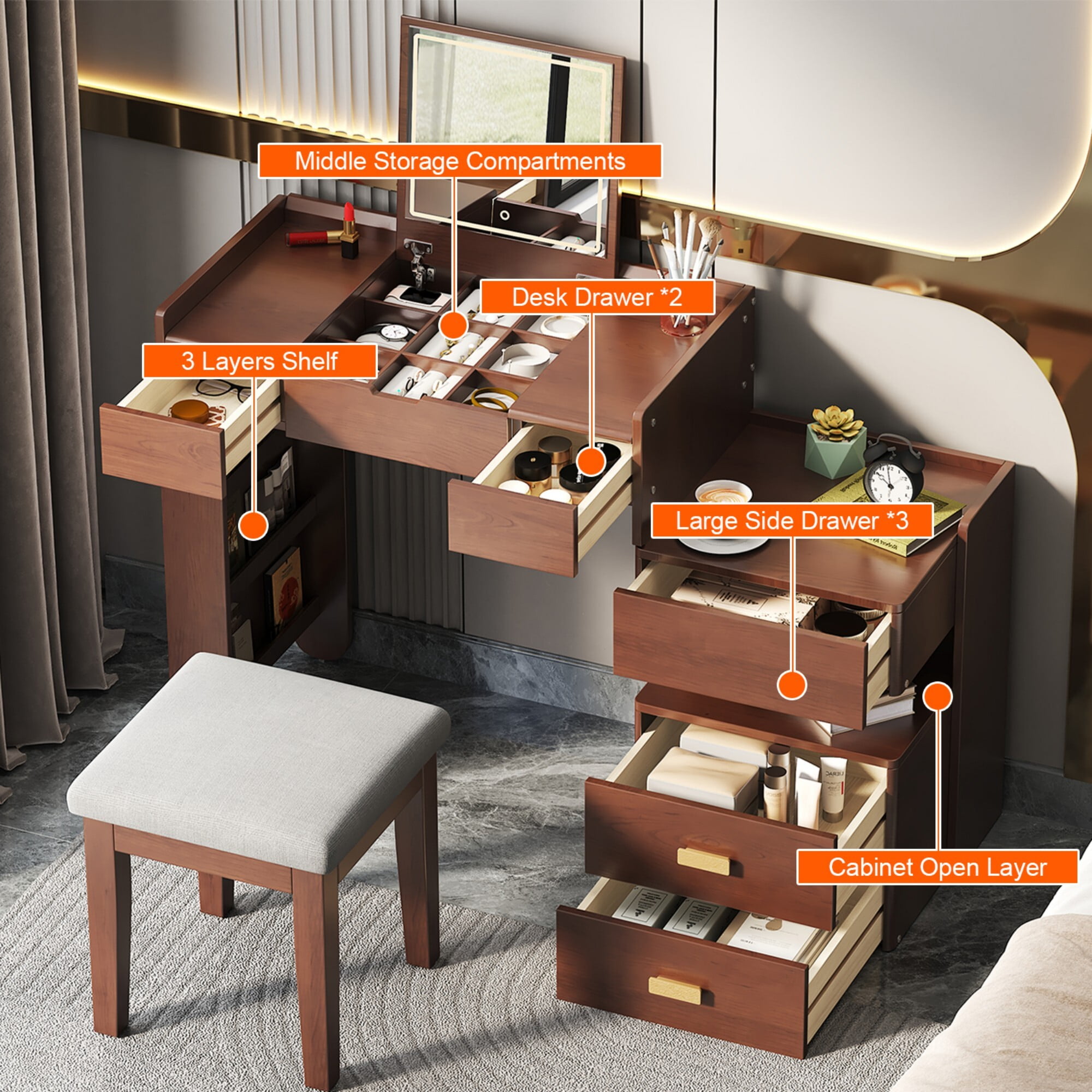 AENKYO Makeup Vanity Desk with LED Lights, Flip Mirror & Stool, 3-in-1 Dressing Table with Adjustable Cabinet, Walnut