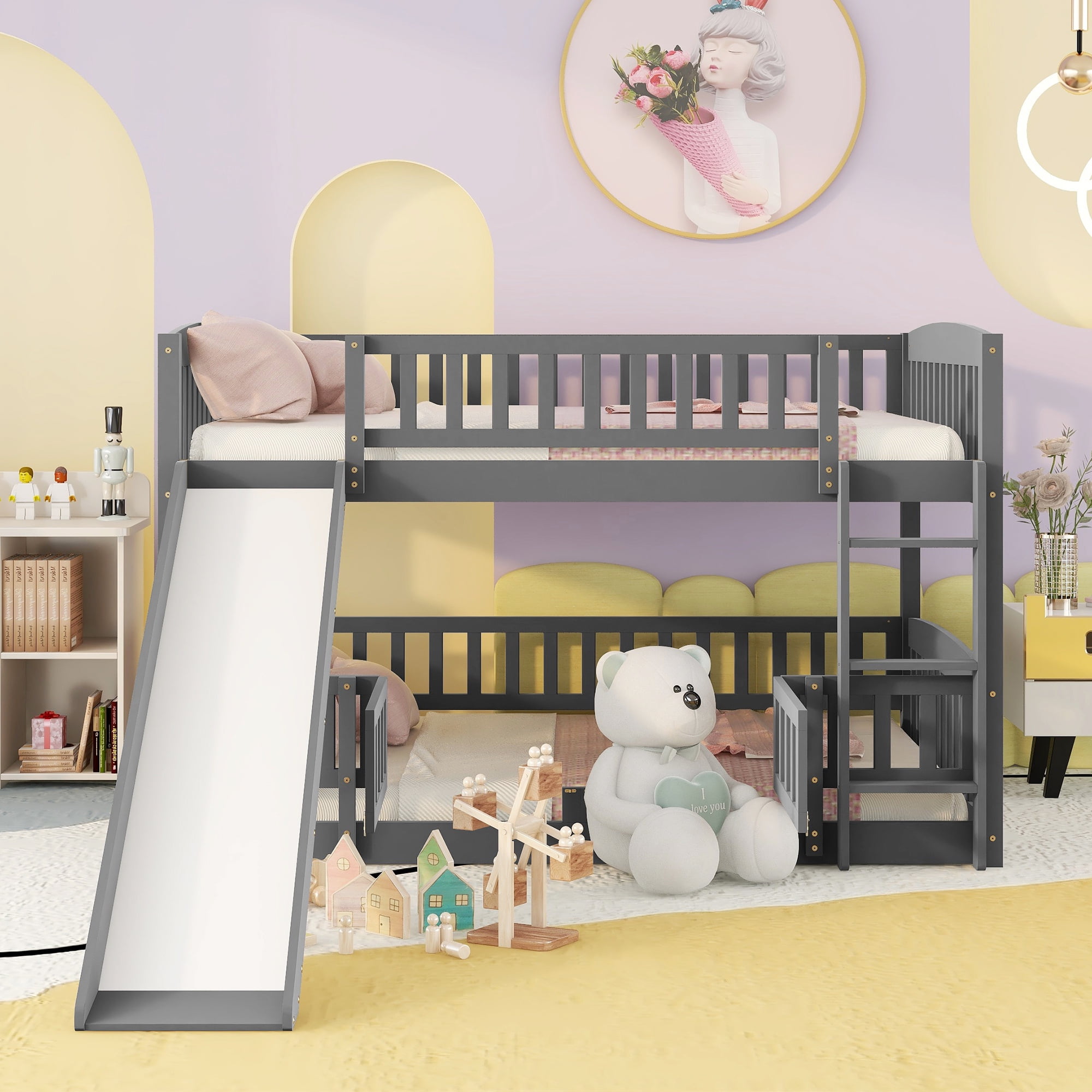 Bellemave Low Bunk Bed with Slide, Wood Full Over Full Bunk Beds with