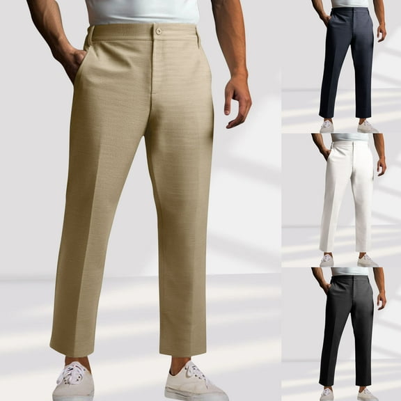 Brondbend Mens Work Pants Mens Straight Fit Dress Pants Elastic High Waist Zipper Pocket Trousers Solid Trendy Flat Front Trousers Classic Fit Daily Commute Suit Pants