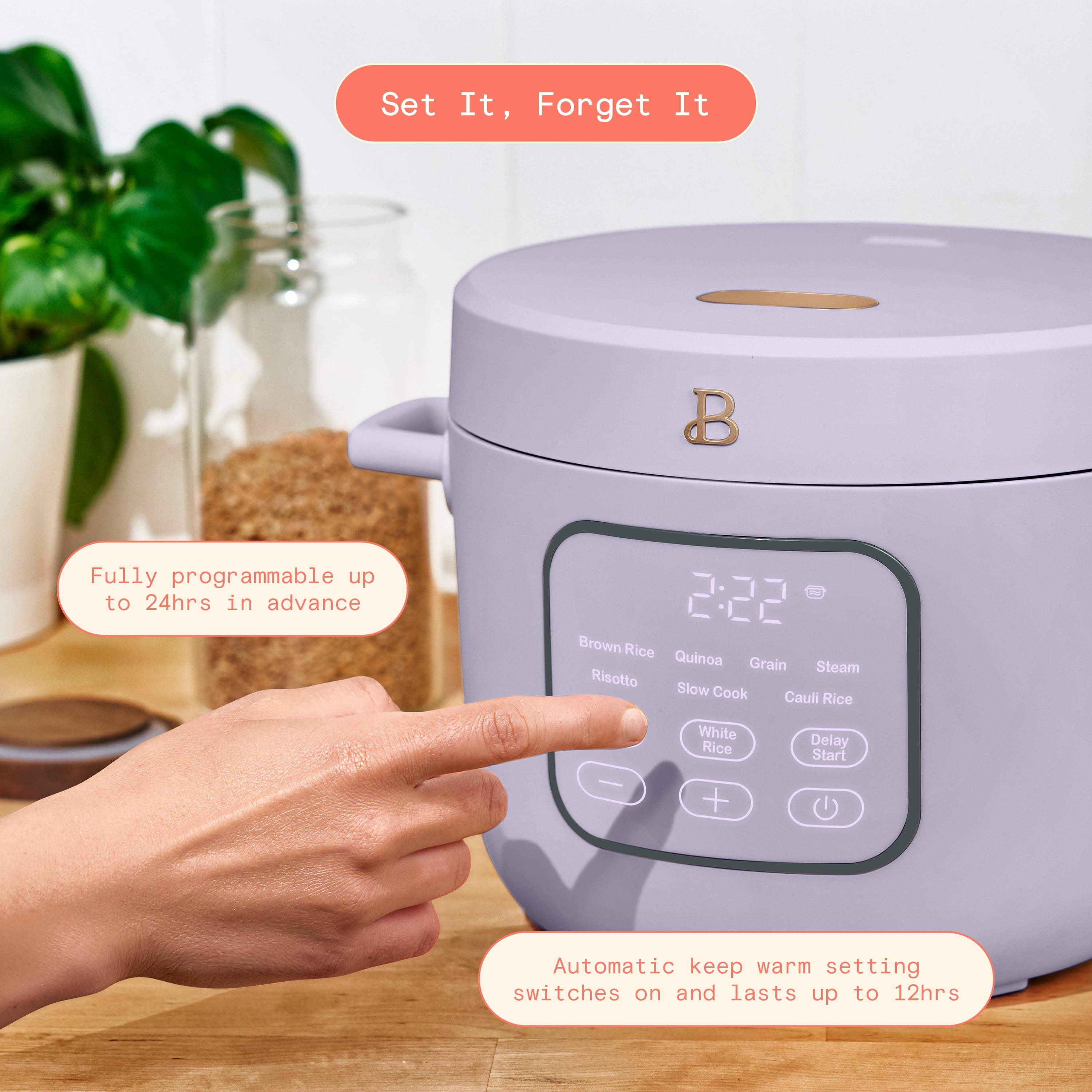 Beautiful 14-Cup Cooked, 6-Cups Uncooked Electric Rice and Grain Cooker, EverGood™ Ceramic Nonstick Coating, Lavender by Drew Barrymore