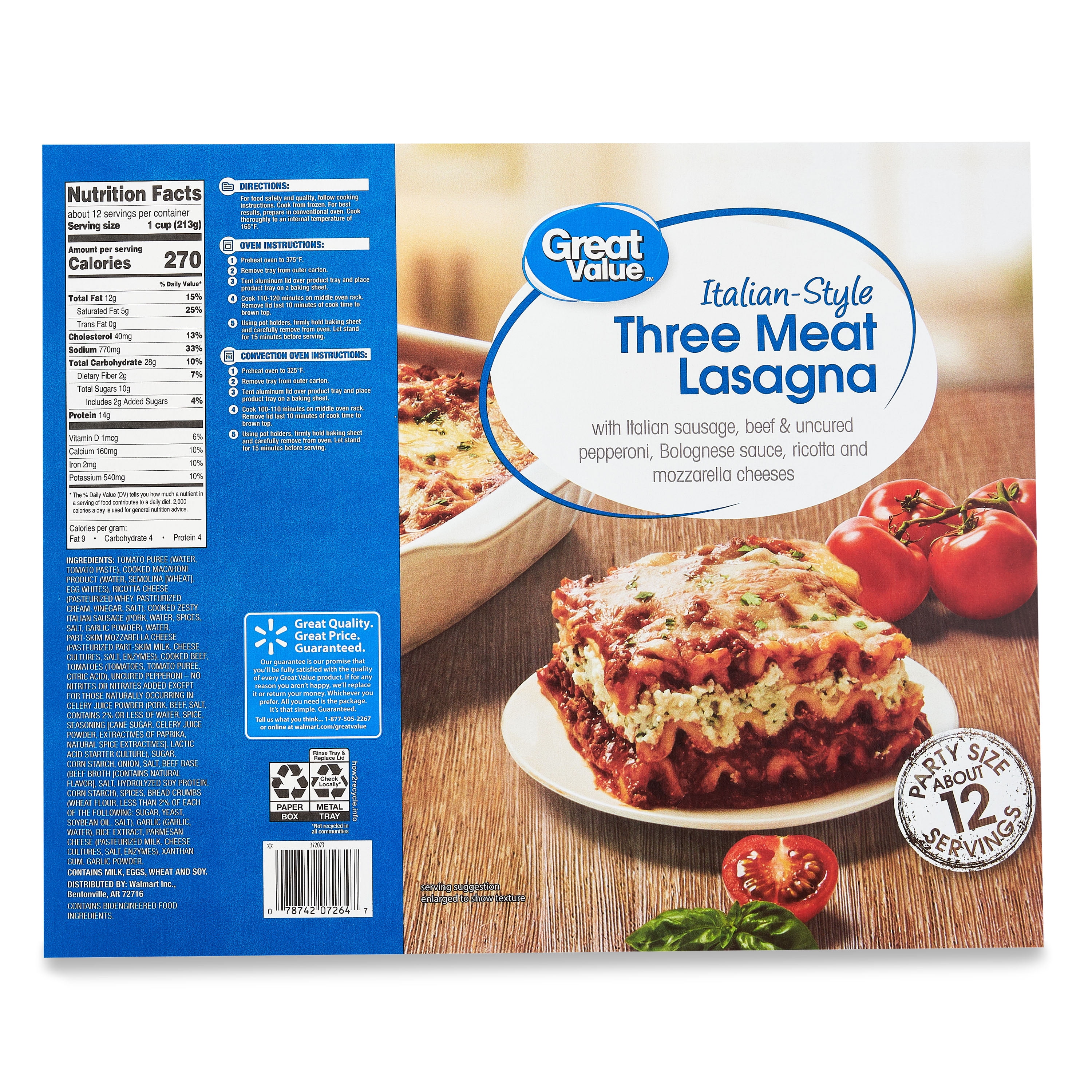 Great Value Italian-Style Three Meat Lasagna Packaged Meal, 90 oz (Frozen)