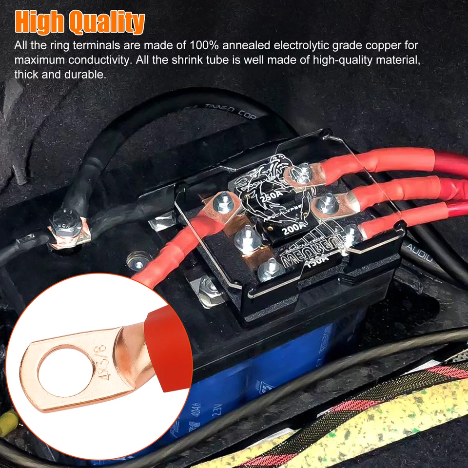 CIRCLE- 10X 4 Awg Gauge Copper Lugs + 10X Heat Shrink Ring Terminals Wire Connectors Kit