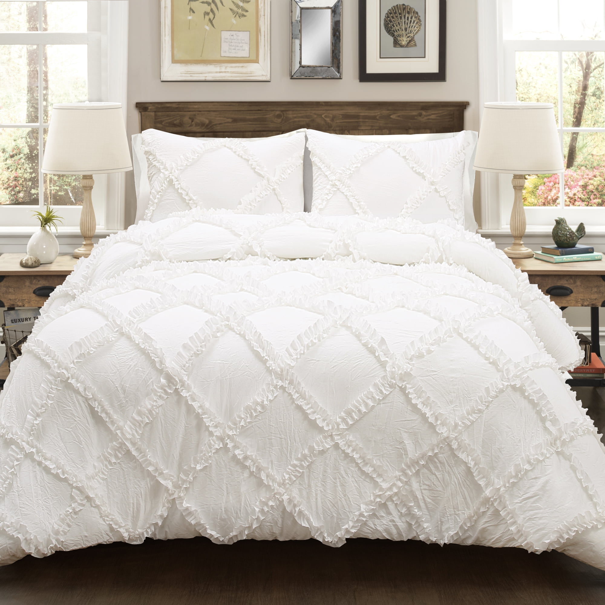 Lush Decor Ruffle Diamond Comforter, King, White, 3Pc Set