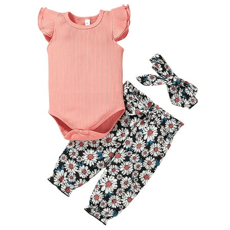 

LAPAKIDS 18-24 Months Baby Girl Summer Clothes Set Romper Bodysuit Pants Headband 3Pcs Outfits