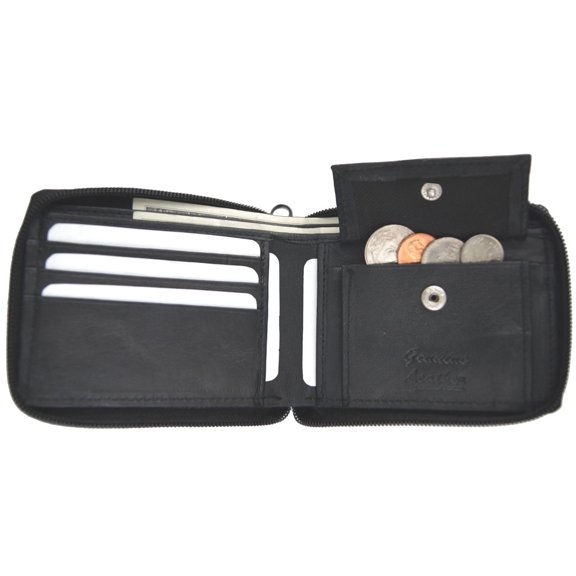 Black Genuine Leather Men's Bifold Wallet Credit Card Holder Zip Around Coin Holder