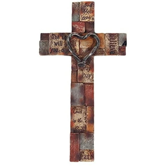 Urbalabs Western 12 Inch Wall Cross Multi-Color with Ironlike Centered Heart Distressed Wall Hanging Cross Country Wall Decor Room Decoration Office Church Home (Iron Heart)