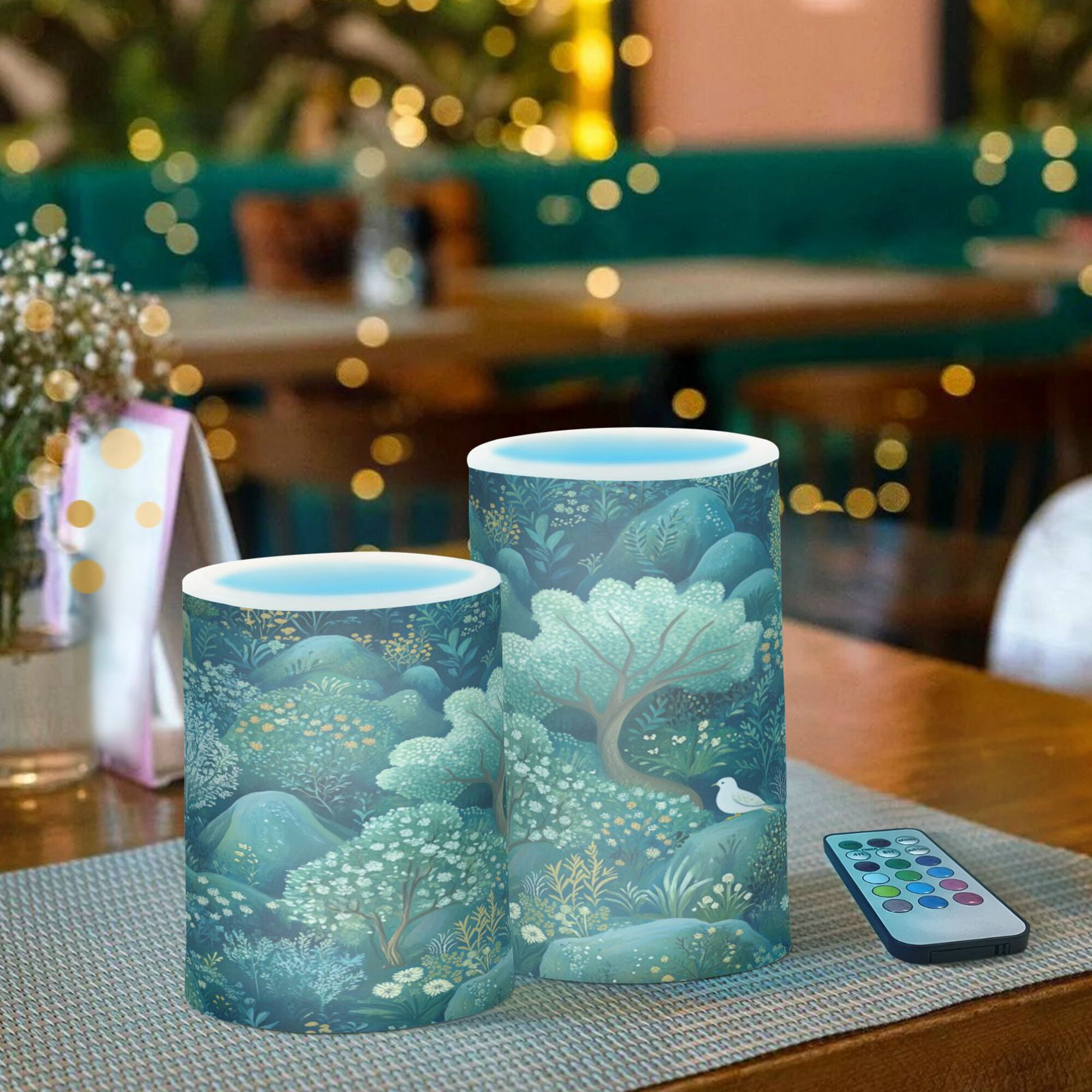 Yayeee Flameless Candles with Remote Flickering Battery Operated Multi Color Changing, Green Forest Pattern