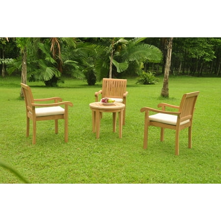 Grade-A Teak Dining Set: 3 Seater 4 Pc: Noida Round Side Table And 3 Napa Stacking Arm Chairs Outdoor Patio WholesaleTeak