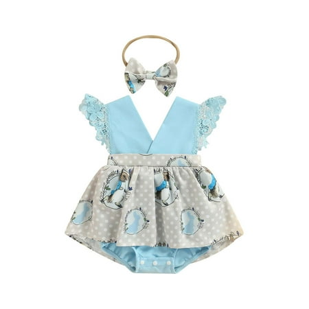 

TheFound Easter Days Lovely Baby Girls Romper Dress Headband 2pcs Rabbit Printed Lace Fly Sleeve V Neck Jumpsuits